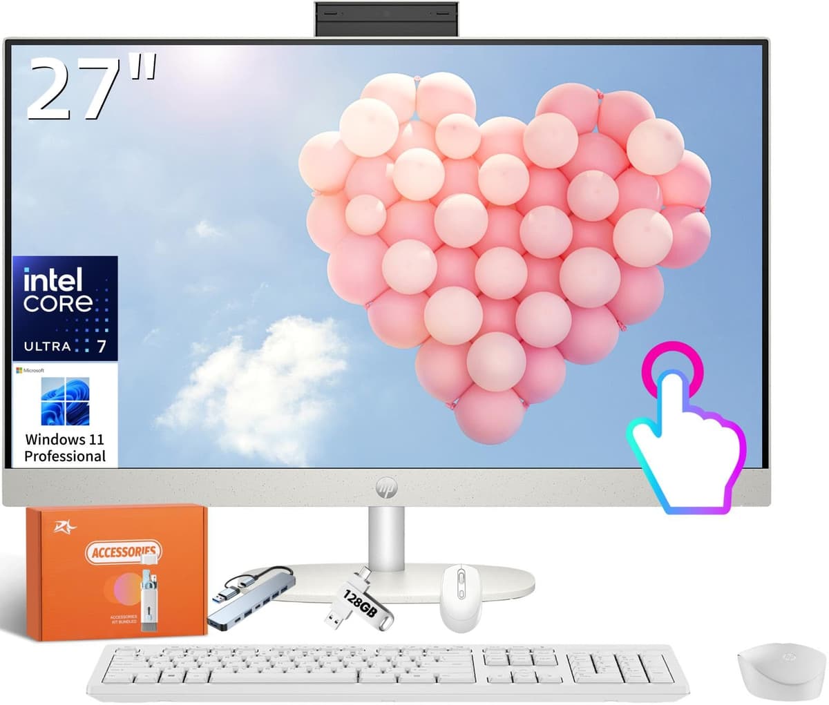 Computadora de Escritorio All-in-One HP 27" Pantalla Táctil FHD Empresarial, Intel Ultra 7 155U de 12 núcleos (hasta 4.8 GHz), 64 GB DDR5, 2 TB SSD, Wi-Fi 6, Windows 11 Pro, con Accesorios HP 27 All-In-One Desktop