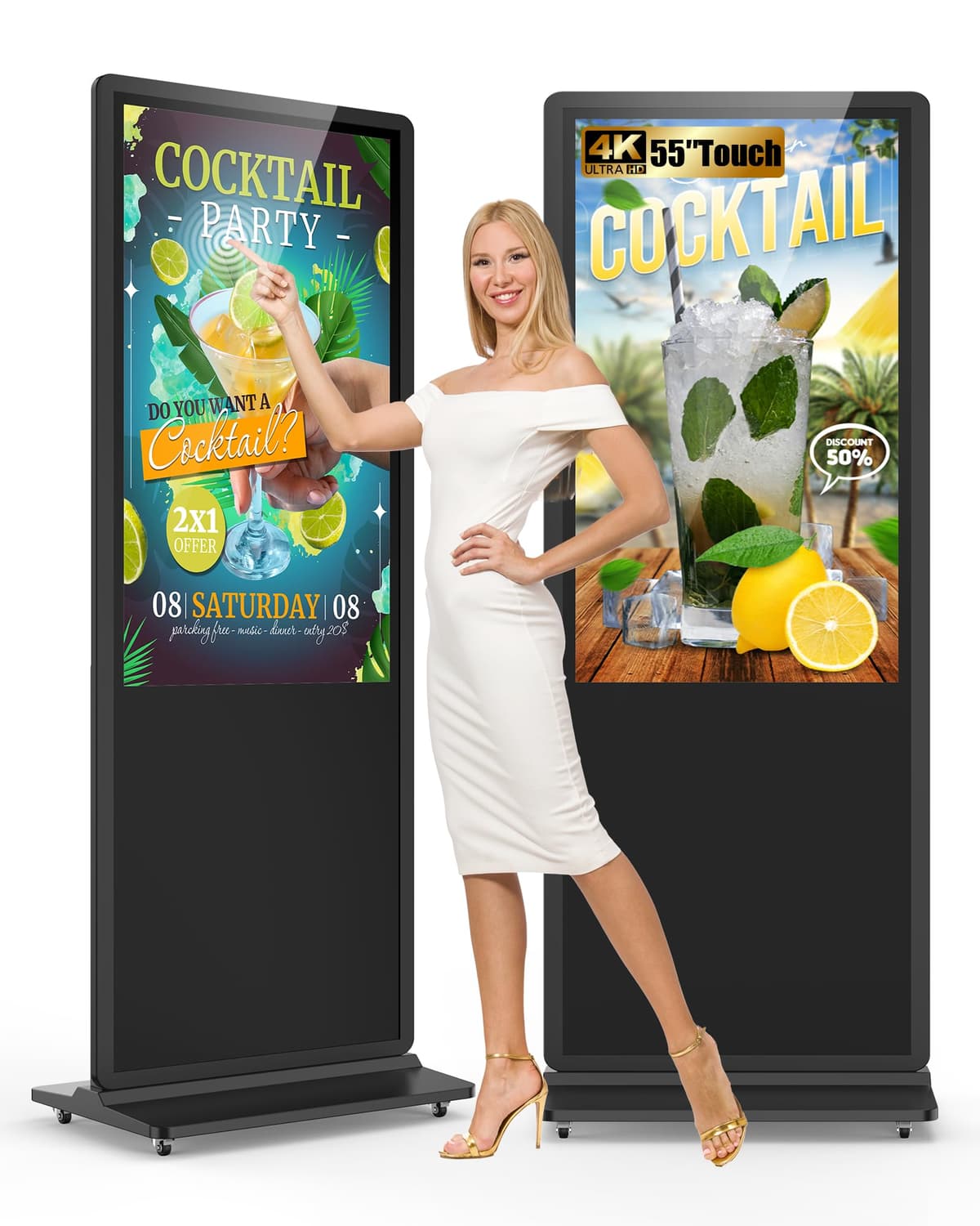 HARZHI Kiosk publicitario 4K LCD 55 in Touch, exhibidor comercial de piso con reproductor multimedia y WiFi MWE-CS65BCN401