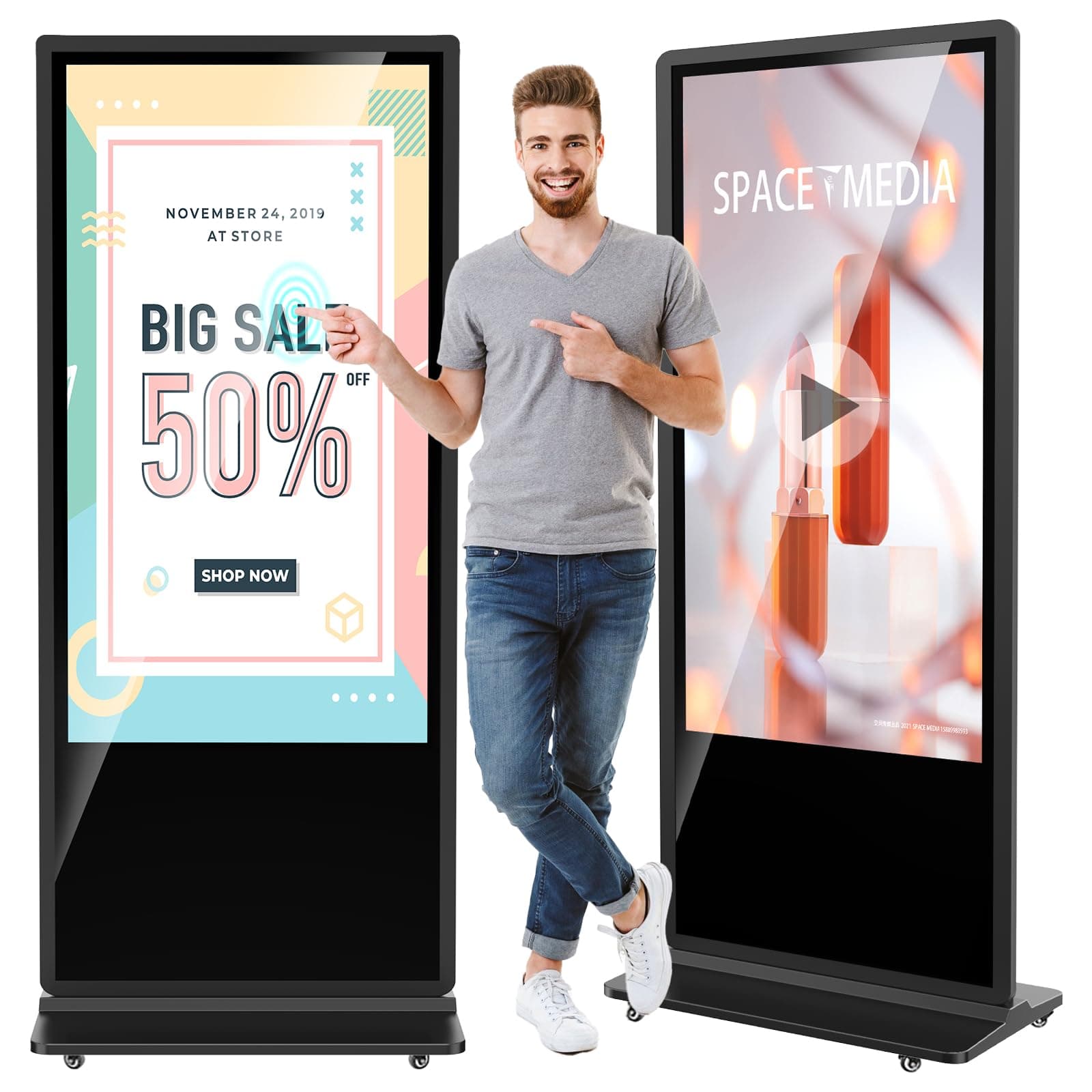 JIYANG 65" 4K Touchscreen Digital Signage vertical de piso, Android, HDMI, logo personalizado, negro