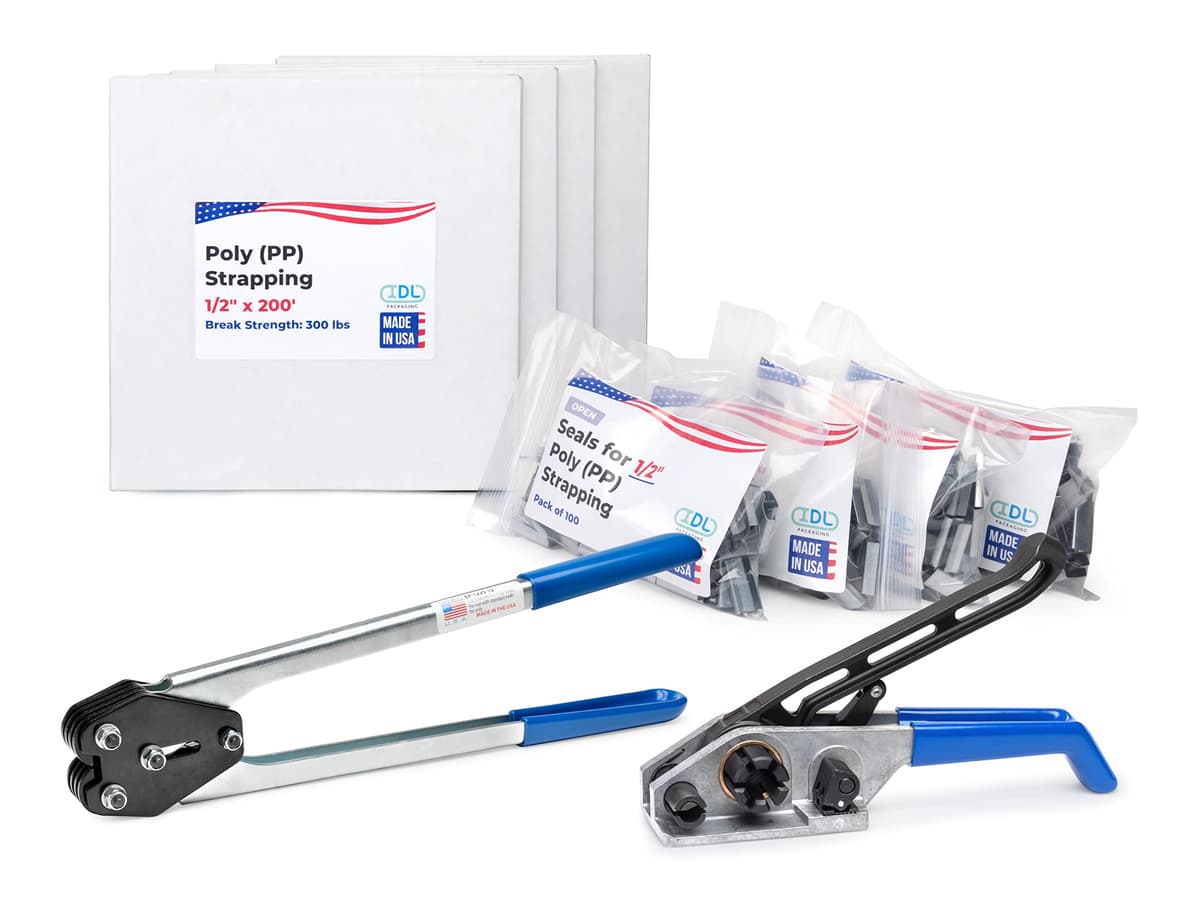 IDL Packaging Kit de Flejado PP 1/2" x 800' (300 lbs) - Herramientas y Sellos para 400 Usos US-PPSK.300.800