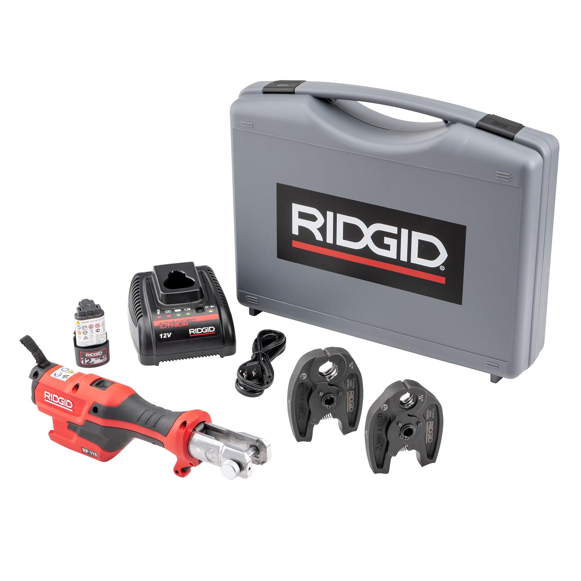 RIDGID RP 115 Mini Press Tool Kit con Mandíbulas 1/2"-3/4", Batería y Maletín, Rojo 72553