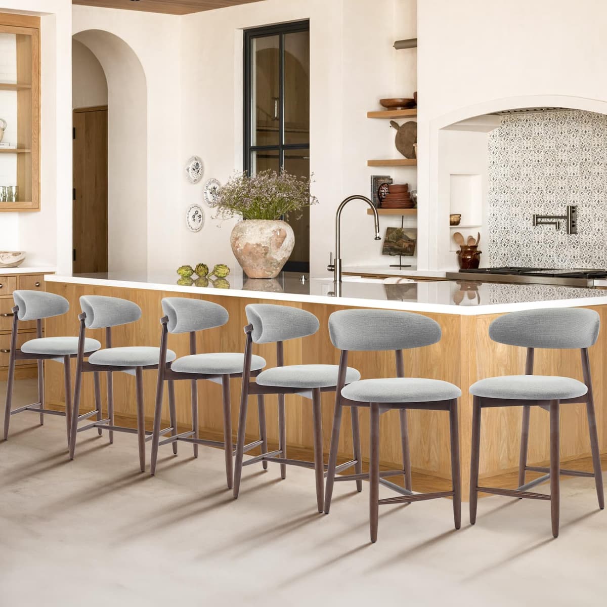 Juego de 6 taburetes alto COLAMY con respaldo y patas de madera, gris claro VCH-6869-Lightgrey2-F-6pcs