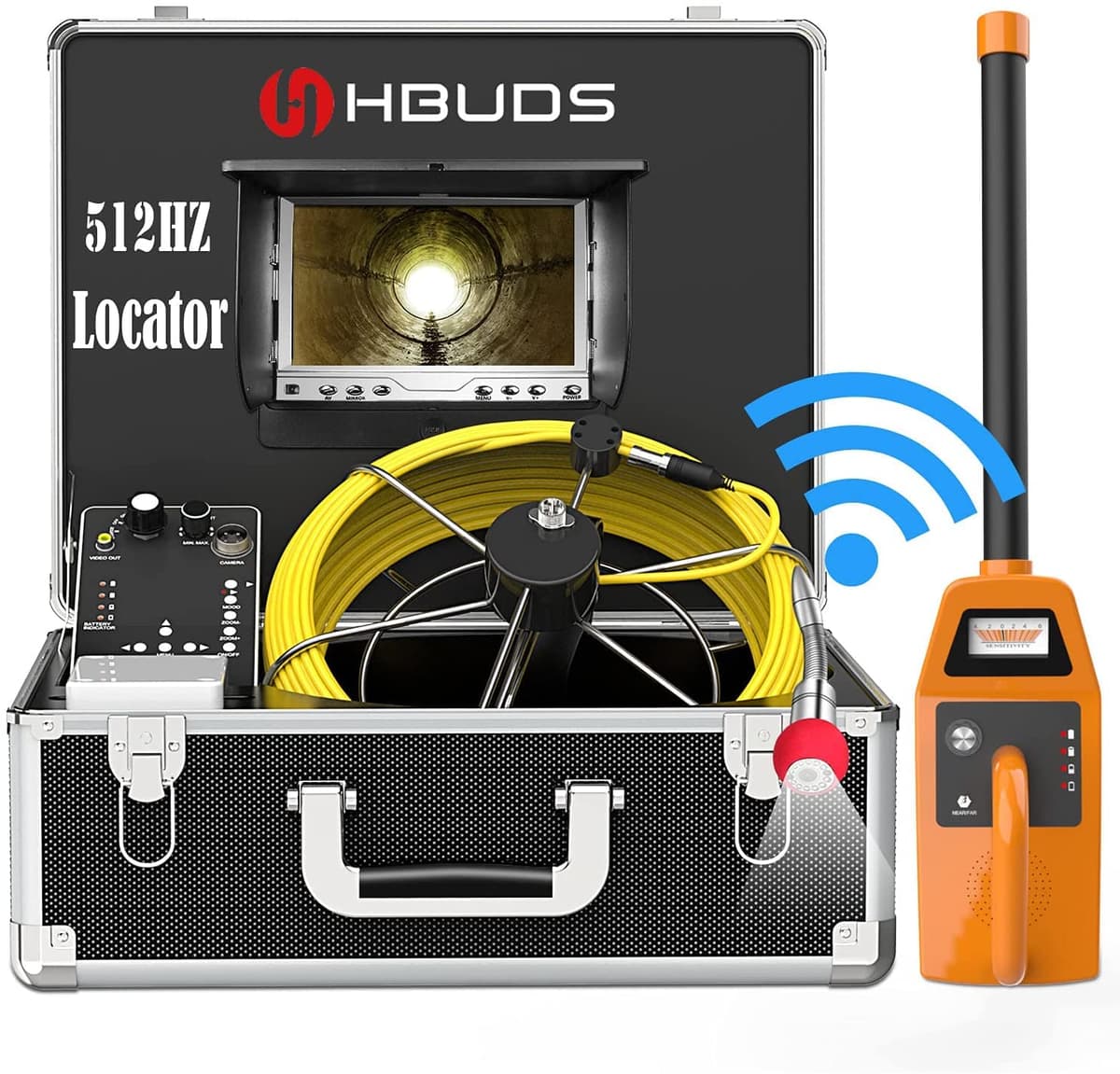 HBUDS Cámara de Inspección de Tuberías con Sonde 512Hz y Receptor, IP68, Monitor 7" DVR AB-7D1-512TR-HBUDS