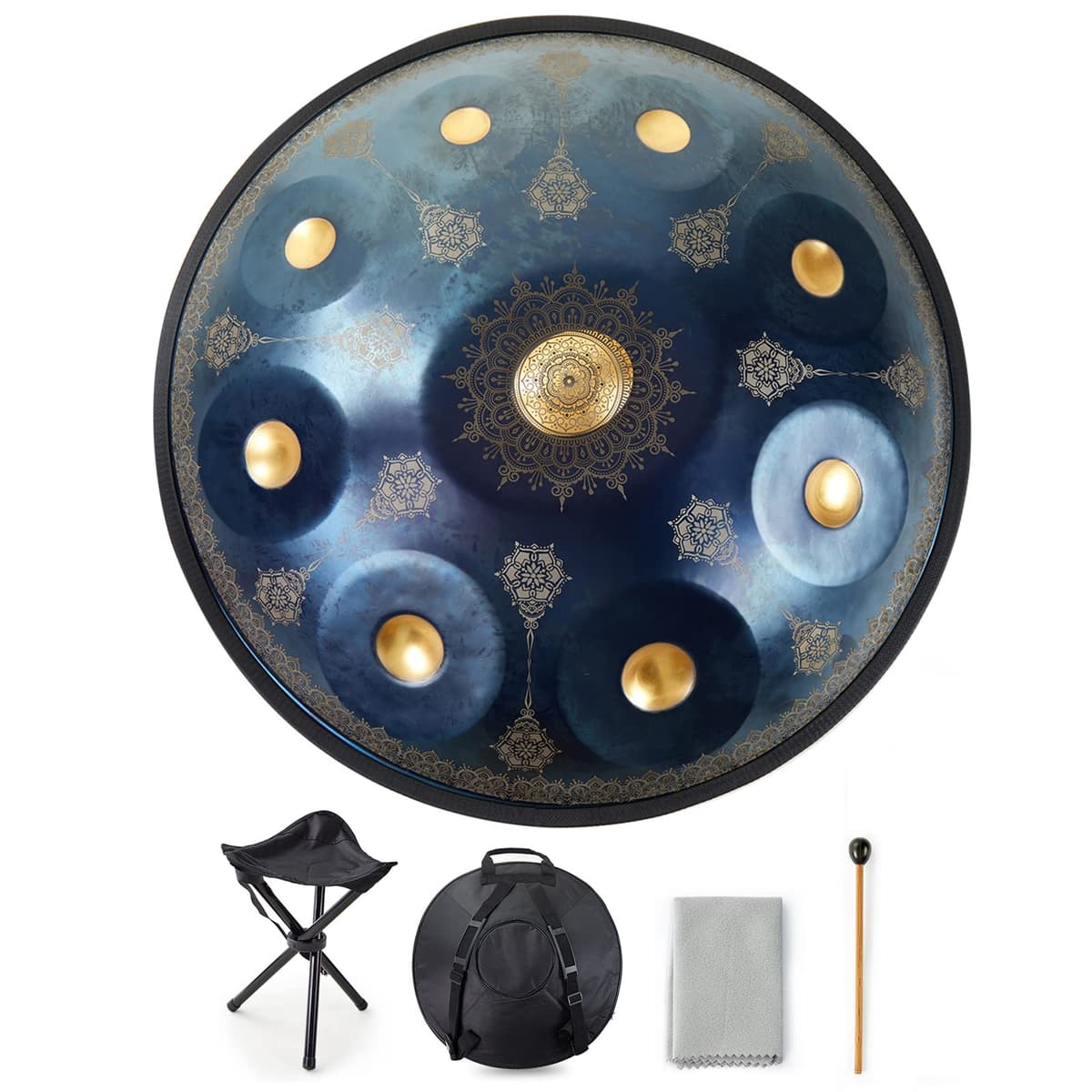 REEKIO Handpan en Re menor 9 notas, 22" con funda, mazos y soporte - Navy Blue BO-MDE0002-RGNV