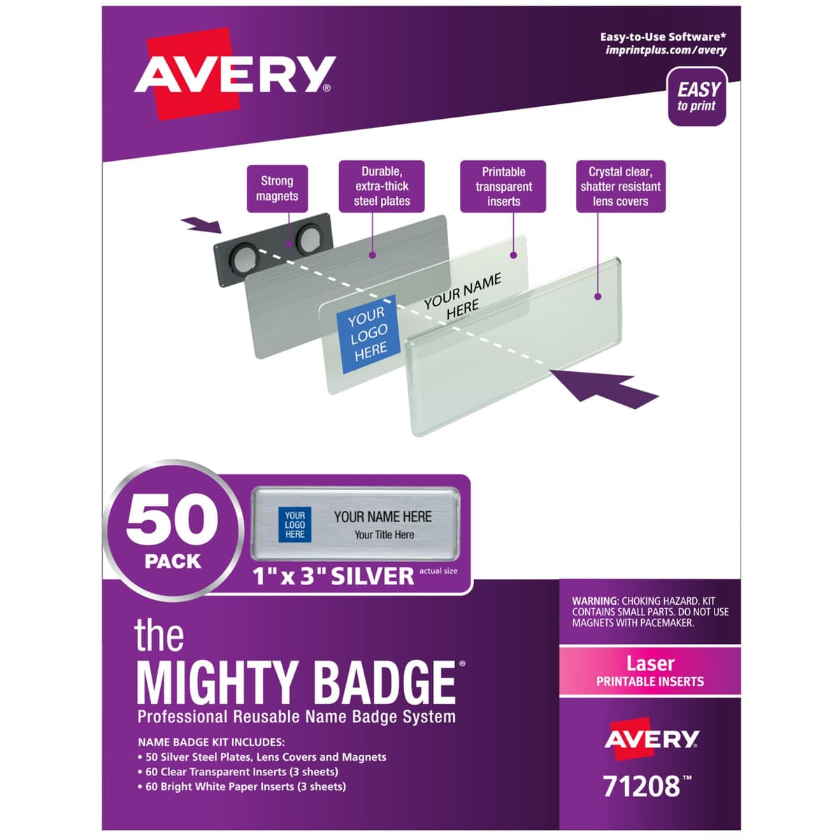 Avery 71208 Sistema Reutilizable de Placas Magnéticas para Gafetes 1"x3", 50 Placas y 120 Insertos