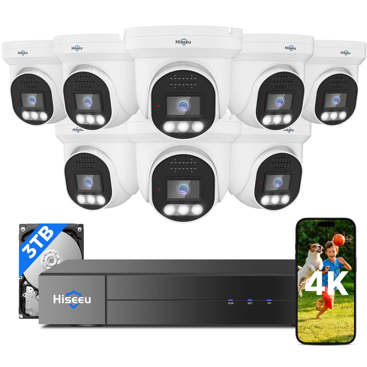 [4K HD+121° Vista Ancha] Sistema de Cámaras de Seguridad Hiseeu 4K, 8 Pzas 8MP PoE para Exterior, Detección Humano/Vehículo, Visión Nocturna a Color, Sin Cuota Mensual, HDD 3TB para Vigilancia Interior/Exterior PK-8YHC488-CT