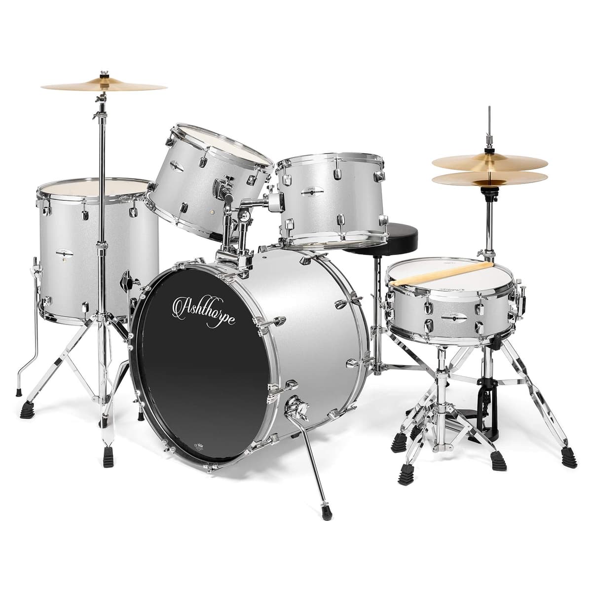 Ashthorpe Juego de batería para adultos tamaño completo de 5 piezas con parches Remo y platillos de latón premium - Kit de percusión profesional completo con herrajes cromados - Plateado S-AA-5918-SLV