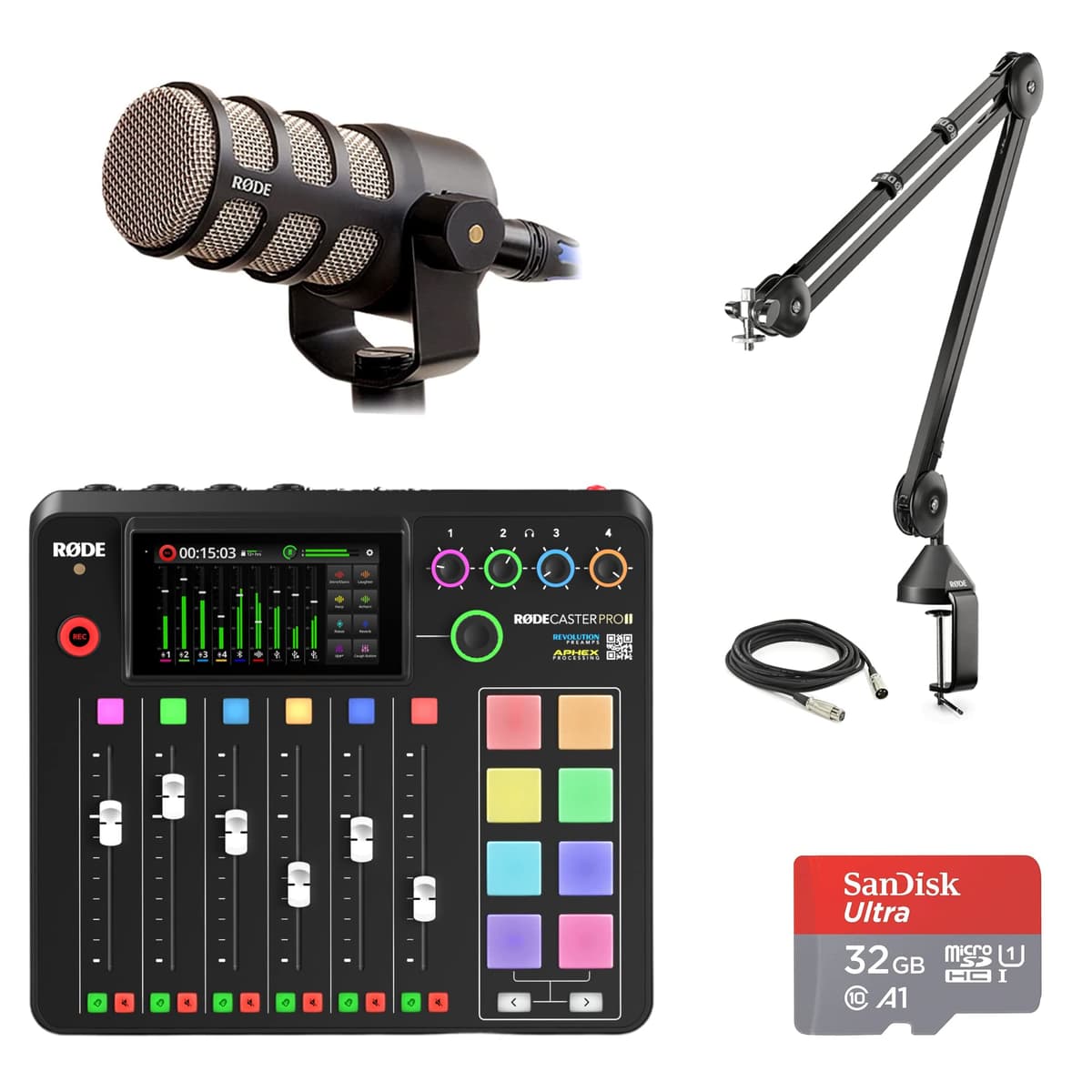 StreamEye Rode RODECaster Pro 2 con PodMic, brazo PSA1, cable XLR y 32GB microSD RCPII | PodMic | PSA1 x1