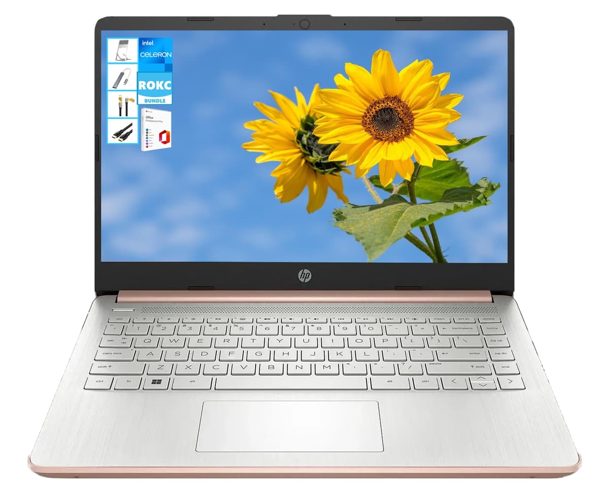 Laptop HP AI-Potenciada 14" HD con Microsoft Office y 1 TB de almacenamiento en la nube incluido por 1 año | 16 GB RAM | 128 GB SSD | CPU Intel de 4 núcleos | Cámara web | Wi-Fi | Bluetooth | Ultraligera | Windows 11 | Paquete RK | Rosa dorado 14-dq0762dx