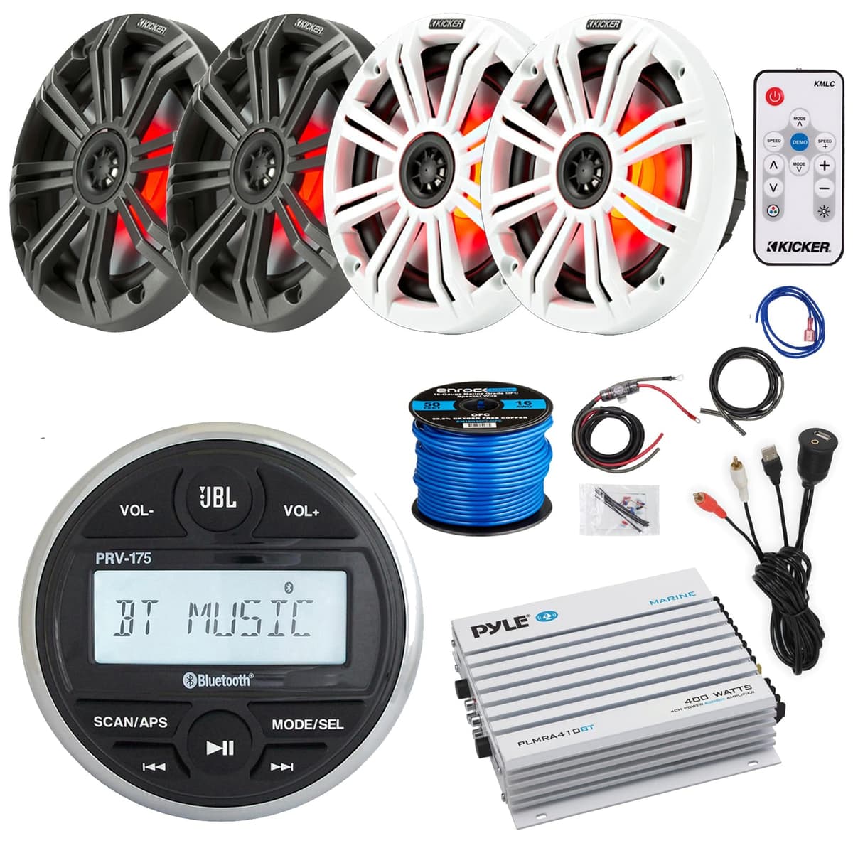 Receptor Bluetooth marino JBL estilo panel con medidores, multimedia digital, 4 parlantes multicolor de 6.5" 195 W pico con rejillas en carbon y blanco, cableado, control remoto LED, amplificador de 4 canales con kit, adaptador USB/AUX PRV175-445BKM614L-44KXMA4004