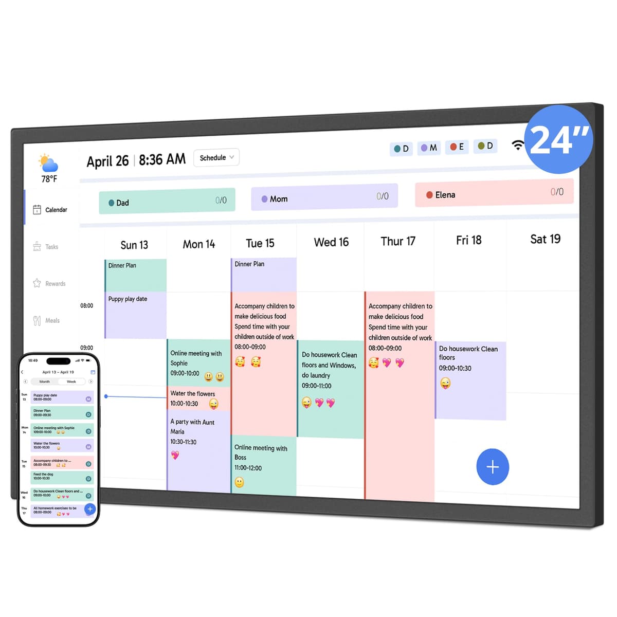 Digital Calendar 24 Inch Touch Screen TM24 Negro Calendario Electrónico Pantalla Táctil para Hogar 32GB