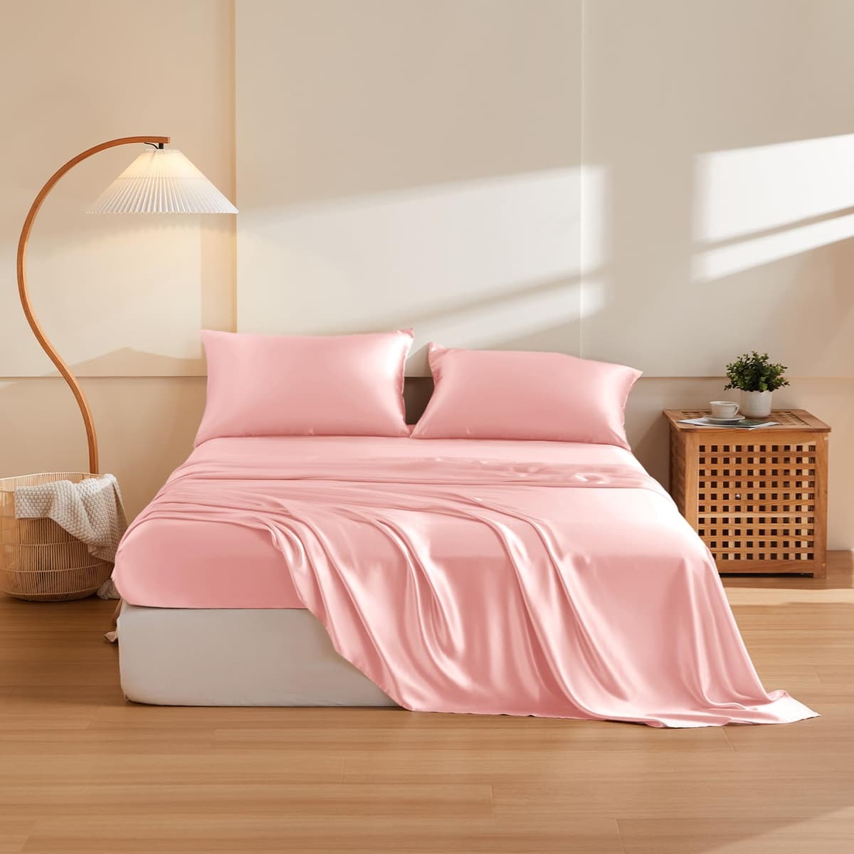 THXSILK Juego de Sábanas de Seda 100% Morera 5 Piezas 19 Momme (Split King, Charming Pink)