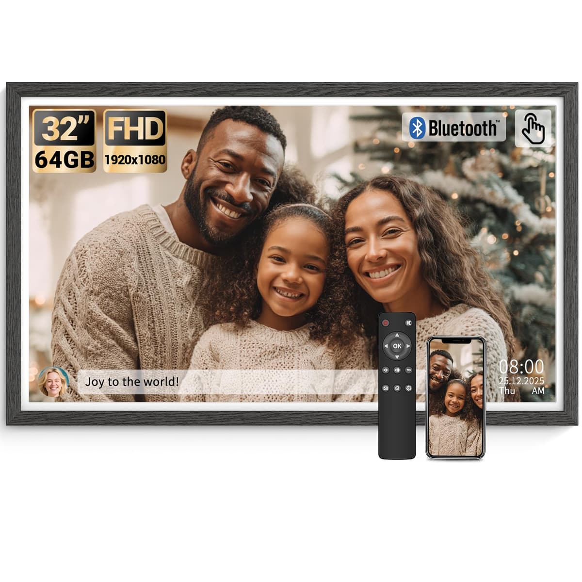 Marco digital grande BSIMB de 32 pulgadas, pantalla táctil 64 GB 1920x1080 FHD WiFi, marco de fotos electrónico con control remoto, comparte fotos/videos vía app/USB/SD, configuración fácil, regalo para mamá, madera negra