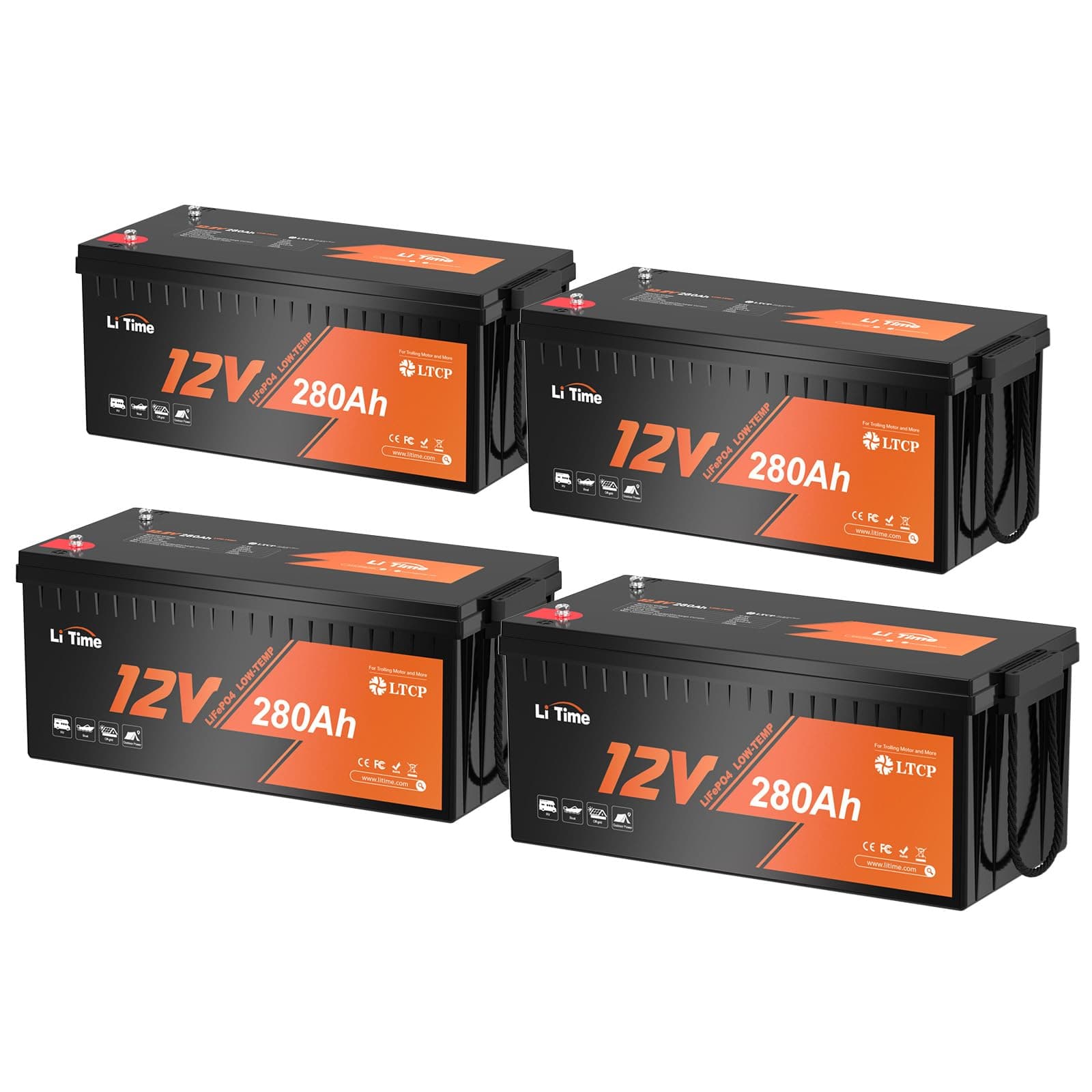Litime 4Pack Batería LiFePO4 12V 280Ah, 3584Wh, protección baja temperatura, 200A BMS L12V280-200-LTCP-4-A200