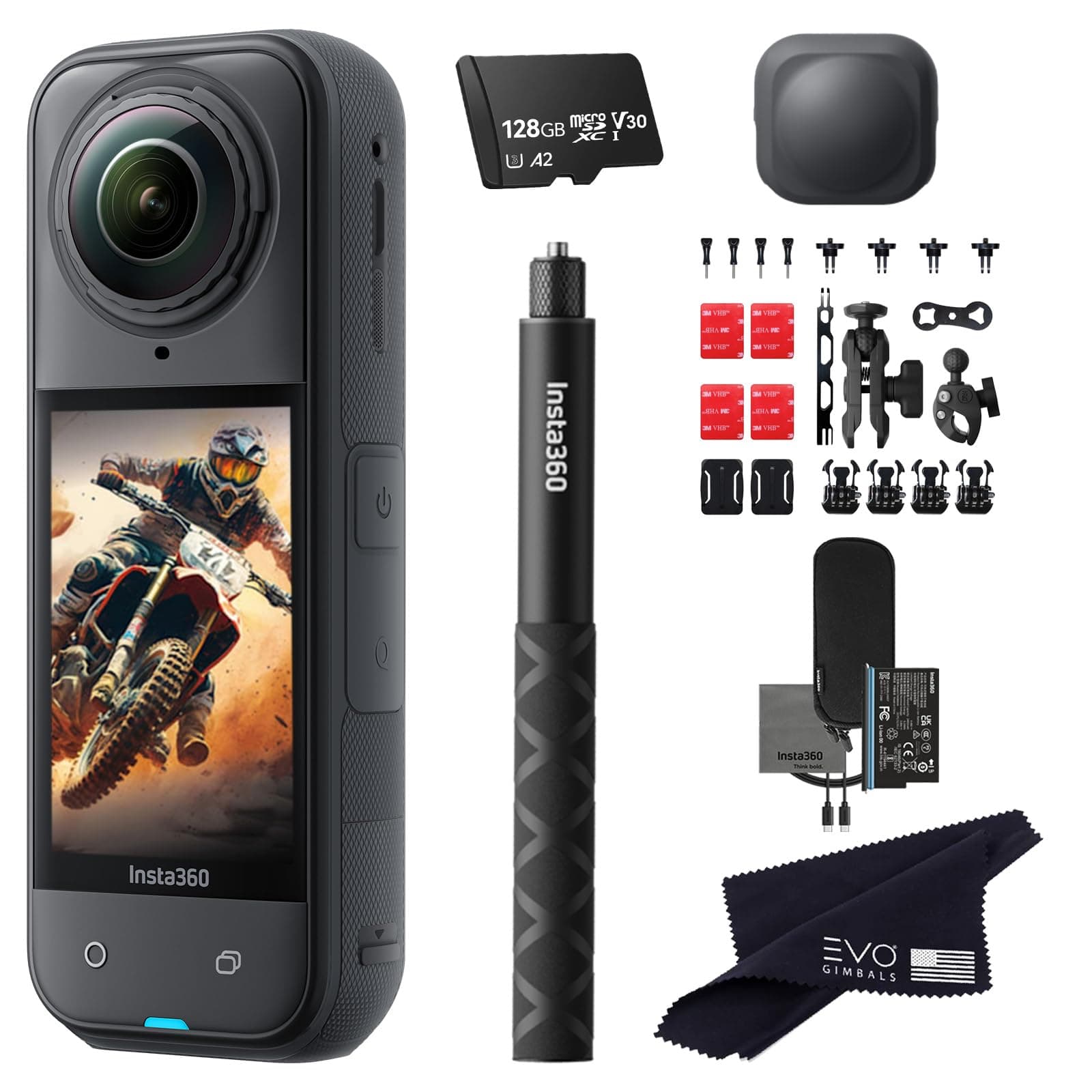Insta360 X5 Motorcycle Bundle - Cámara 360 8K resistente al agua con sensores 1/1.28" 48MP, 72MP foto 360 y modo 4K single-lens (128GB) X5_MOTO_SELFIE_LC_128GB