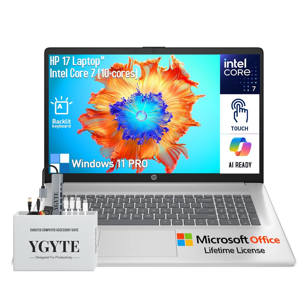 HP 17 Notebook con pantalla táctil 17.3" HD+, Intel Core 7-150U, 64GB RAM, 2TB SSD + 512GB Docking, Windows 11 Pro, teclado retroiluminado, teclado numérico I-HM-17b-R3-8-500-WO