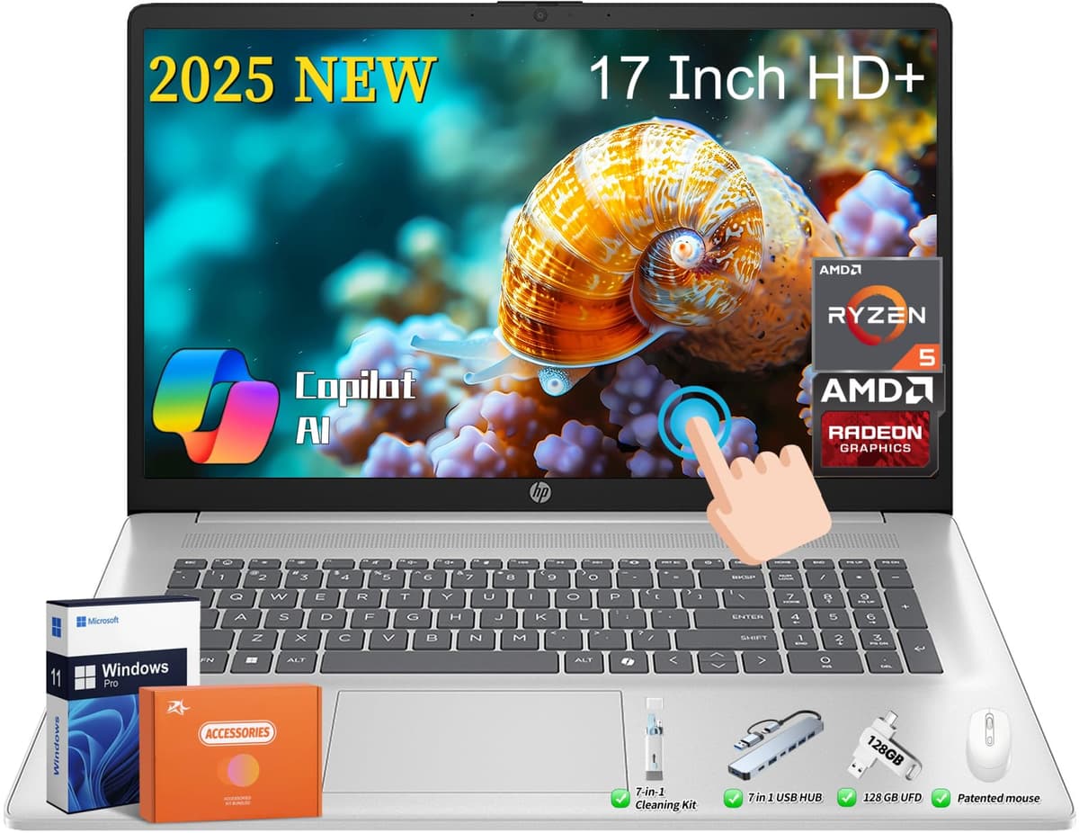 HP 17 Business Laptop 17.3" HD+ Touchscreen - AMD Ryzen 5 7430U, 64GB RAM, 2TB SSD, Windows 11 Pro HP Laptop