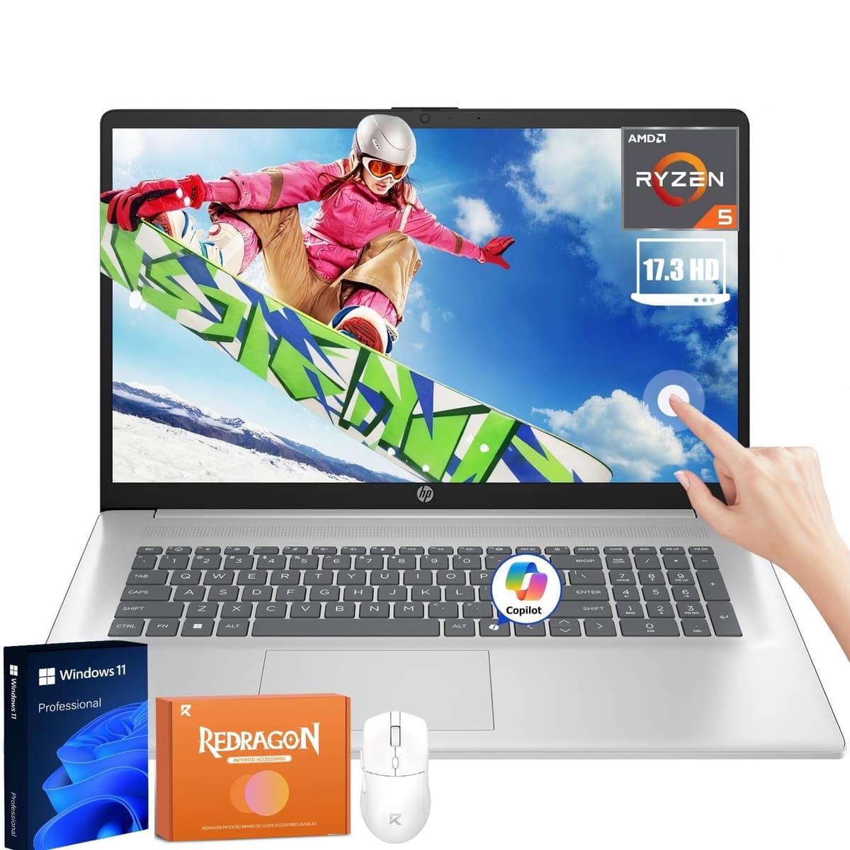 HP 17.3 táctil para empresas, AMD Ryzen 5, 16 GB RAM, SSD 1 TB, 17.3" HD+ antirreflejo, Wi-Fi 6, Copilot-AI, memoria USB 128 GB, carga rápida HP, Windows 11 Pro, con mouse REDRAGON HP Laptop