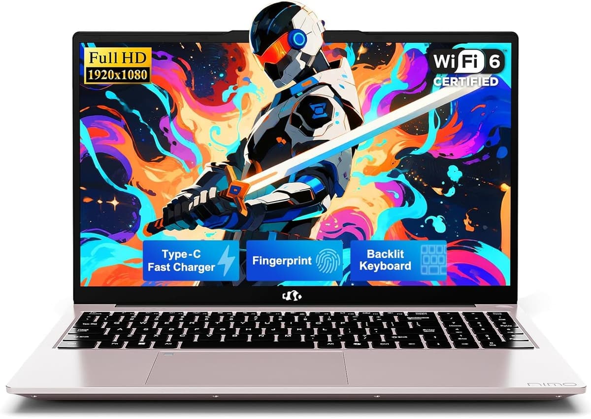 NIMO 15.6" Laptop FHD, Intel Pentium N150 (rinde como i3-1115G4, 4 núcleos hasta 3.6 GHz), Laptop con teclado retroiluminado, carga 65W GaN USB-C, lector de huellas, 8GB RAM 512GB SSD, para hogar, estudiantes y negocios NIMO N157R