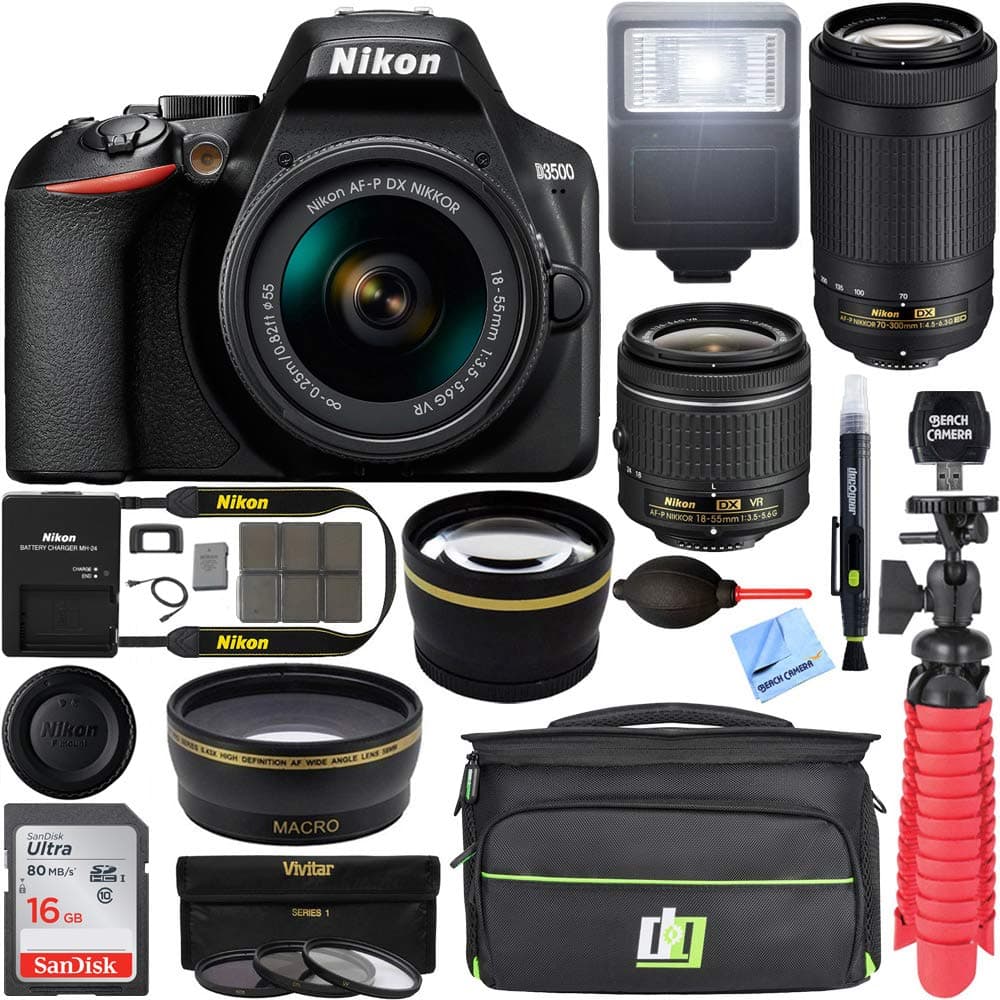 Nikon D3500 24.2MP DSLR con lente AF-P 18-55mm VR y kit 70-300mm (Reacondicionado) + accesorios 16GB CRTE99NKD3500X2RB