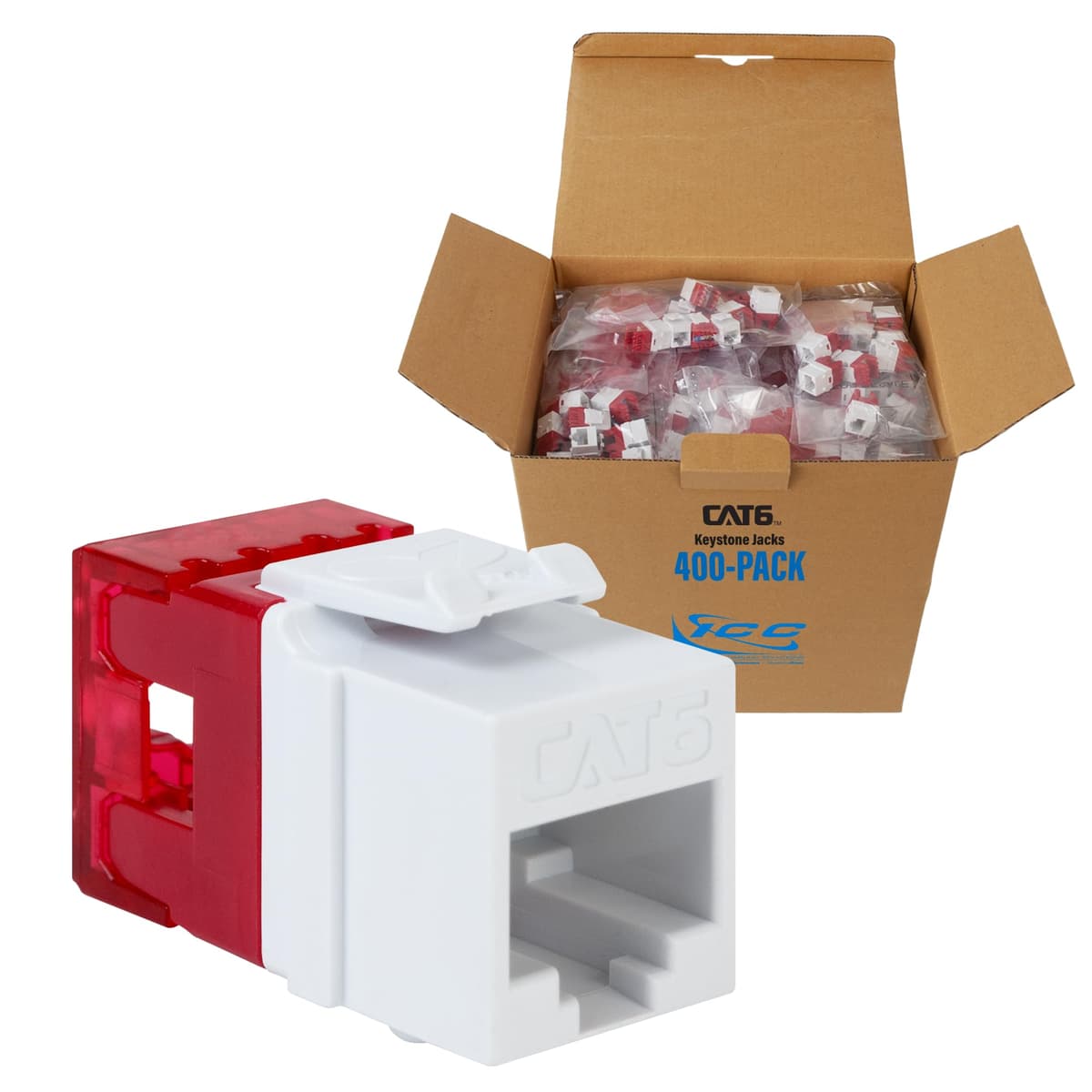 ICC CAT6 Keystone Jack perfil slim 180° Punch Down, RJ45 PoE++ TAA, blanco 400 pack IC107F6RWH