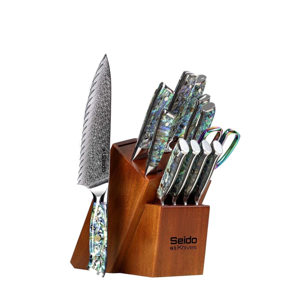 Seido Knives Set de 13 cuchillos Awabi con bloque - Acero VG-10 Damasco, mango resina con nácar 13-Piece Awabi Knife Block Set