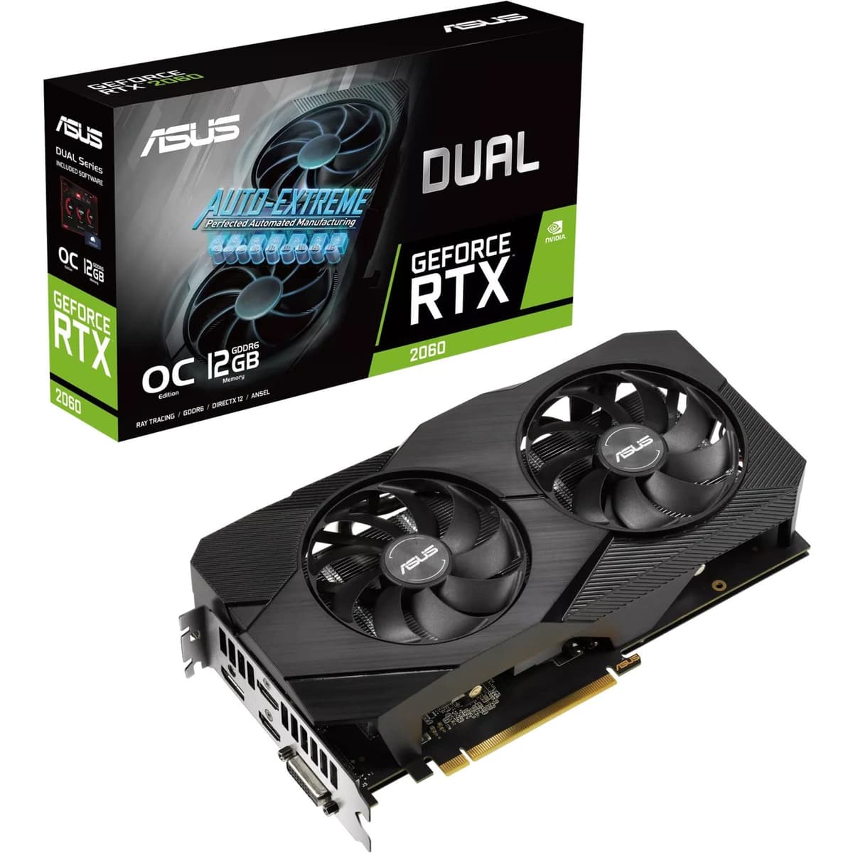 Tarjeta gráfica ASUS Dual GeForce RTX 2060 EVO OC Edition (PCIe 3.0, 12 GB GDDR6, HDMI, DisplayPort, DVI-D, ventilador Axial-tech, tecnología 0dB, Auto-Extreme) DUAL-RTX2060-O12G-EVO