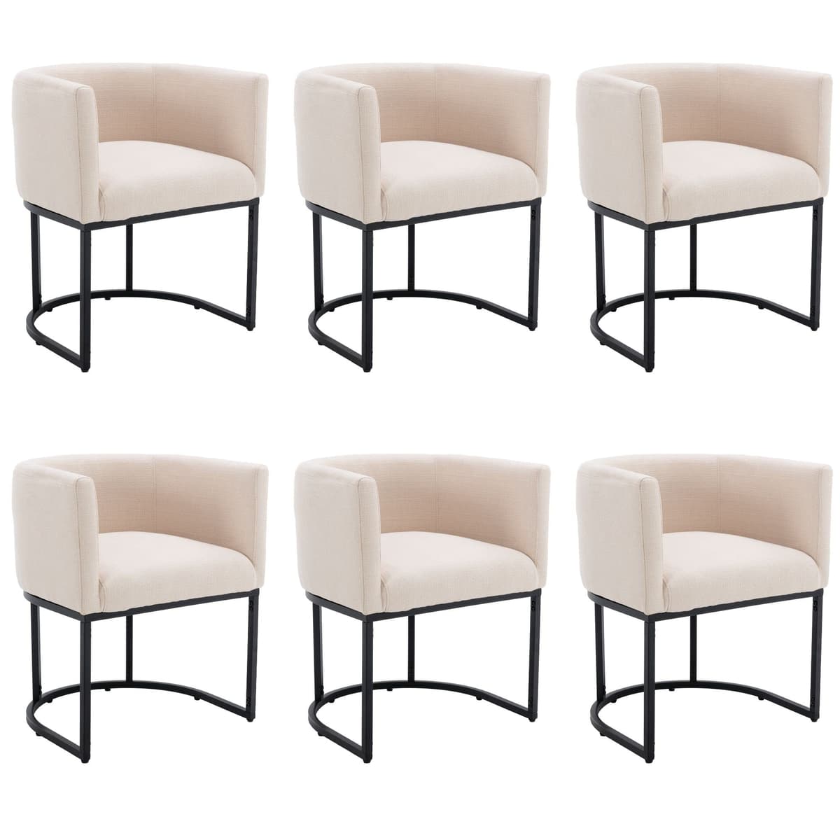 BESTANO Silla de comedor de pana estilo barril - juego de 6, marco negro, 18.5" ancho, crema