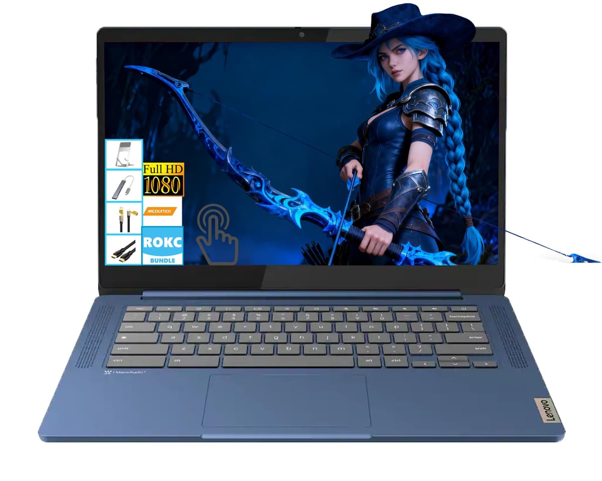 Lenovo IdeaPad Slim 3 Chromebook 14" Pantalla táctil FHD, CPU MediaTek (8 núcleos), 4 GB RAM | 64 GB eMMC + USB Flash Drive 64 GB | Chrome OS | Wi-Fi 6 | Lector de tarjetas SD | Azul | para empresas y estudiantes | RK Bundle 82XJ0000US