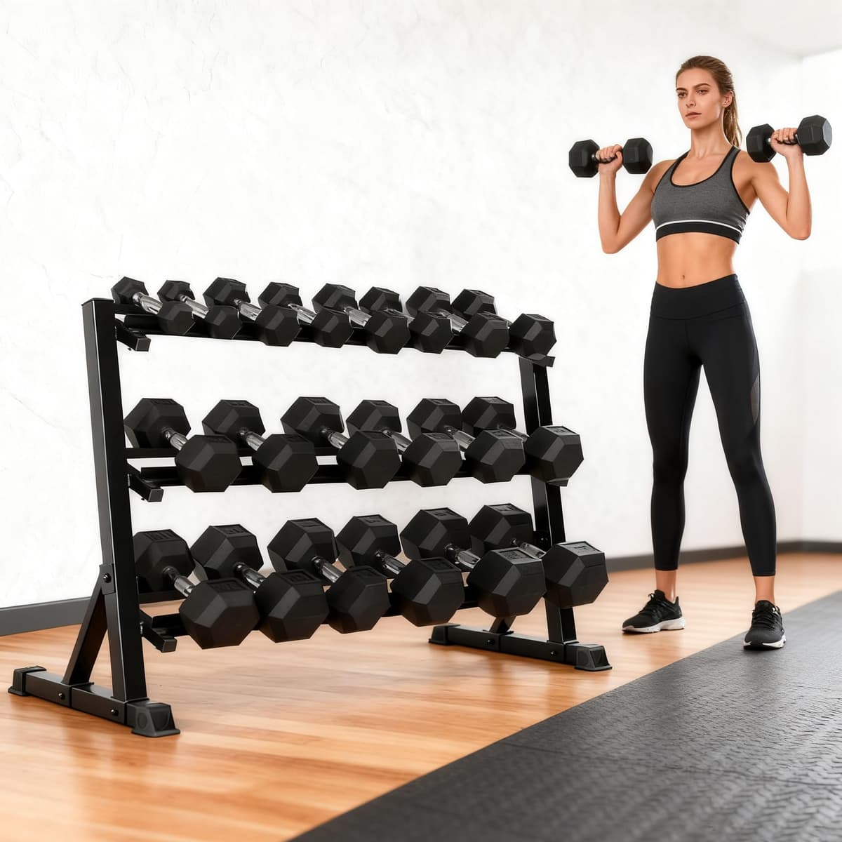 Amuya Set de mancuernas hexagonales con recubrimiento de goma y soporte 3 niveles - Juego 550 lb 8-4
