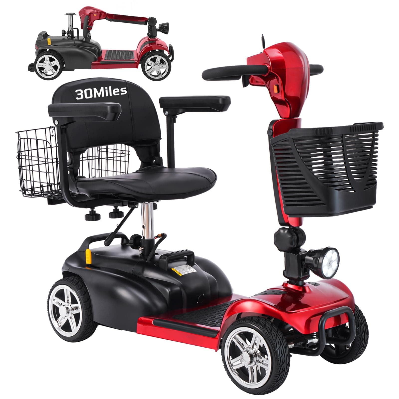Ecomobi 4 Wheels Mobility Scooter 350W - Plegable con batería extraíble y doble canasto (15-30 Miles) WYAC-MS02-RED-20AH