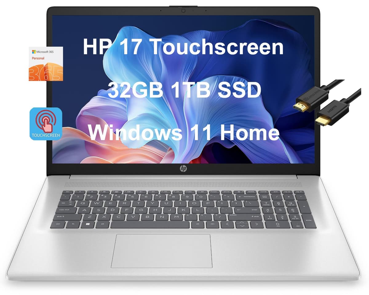 HP 17 Portátil (17.3" HD+ Táctil, Intel Pentium N5030, 32GB RAM, 1TB SSD) Hogar y Negocios, 1 Año Office 365, Larga Duración de Batería, Cámara, Teclado Numérico, HDMI IST, Windows 11 Home en Modo S, (Reacondicionado) 17-cn0001tg-cr