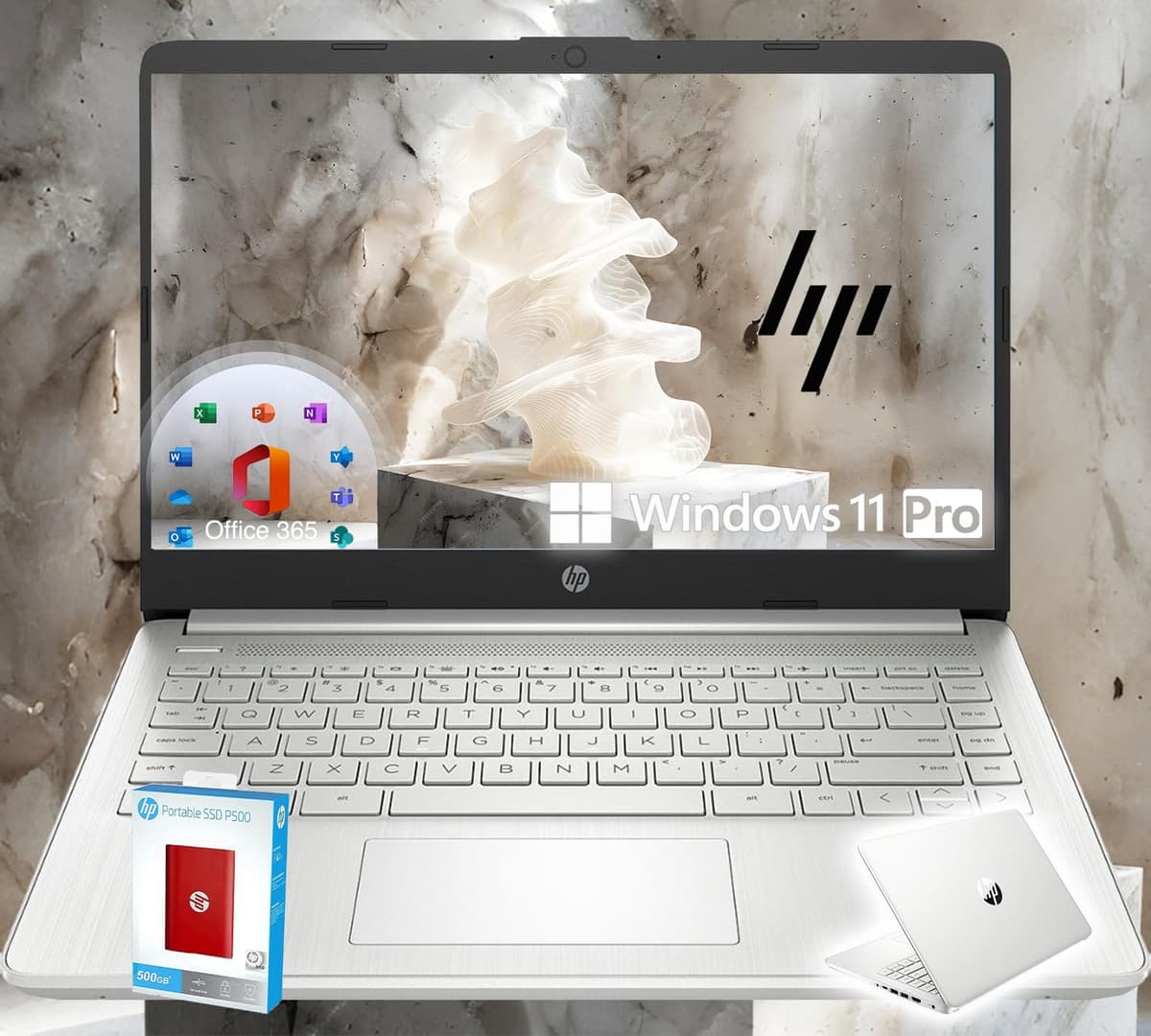 HP 14 Ultrabook • CPU Intel de 4 núcleos • Edición limitada “Vuelta a Clases” con Microsoft 365 • 16 GB de RAM • 1.6 TB de almacenamiento (128 GB a bordo con HP 512 GB P500 SSD portátil + 1 TB en OneDrive) • Windows 11 Pro • Plateado