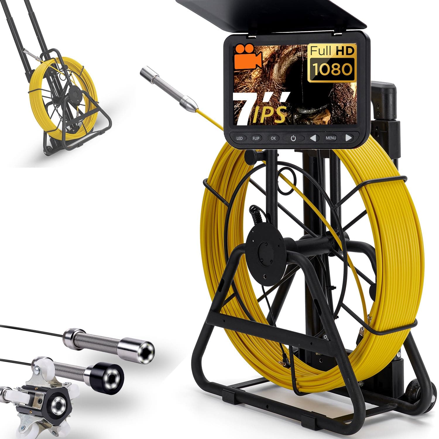 FishPro Trolley Sewer Camera 7" HD 1080P con DVR 32GB, Mango Telescópico, Ruedas, IP68, 165ft FPS250524