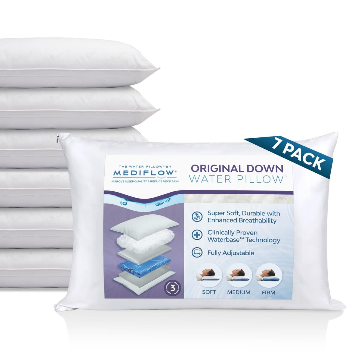 Mediflow Almohada de Agua con Relleno 75% Plumón, Almohada Ajustable para Alivio del Dolor de Cuello, Almohada para Dormir de Costado, Espalda y Boca abajo, El Inventor Original de La Almohada de Agua (7 Almohadas)