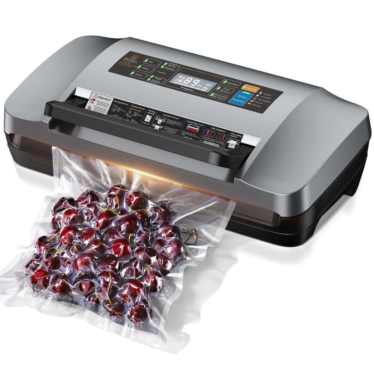 QIQIAOB 95kpa Vacuum Sealer Machine - Envasadora al vacío automática comercial con doble sellado, cortador integrado, 1 rollo y 10 bolsas pre-cortadas (Gris) SV608