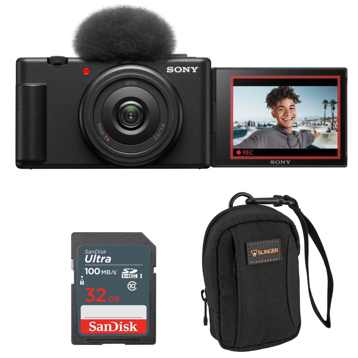 Cámara vlogging Sony ZV-1F Negra - Kit con SD SanDisk Extreme 32GB y funda ZV1F/B AK