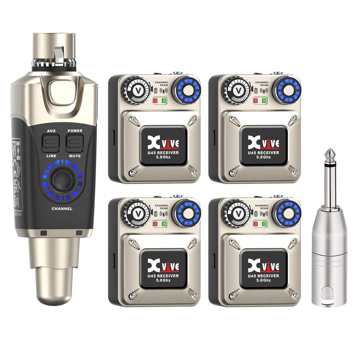Xvive U45R4 Wireless in-Ear Monitor System Set con 1 transmisor y 4 receptores XV-U45-1