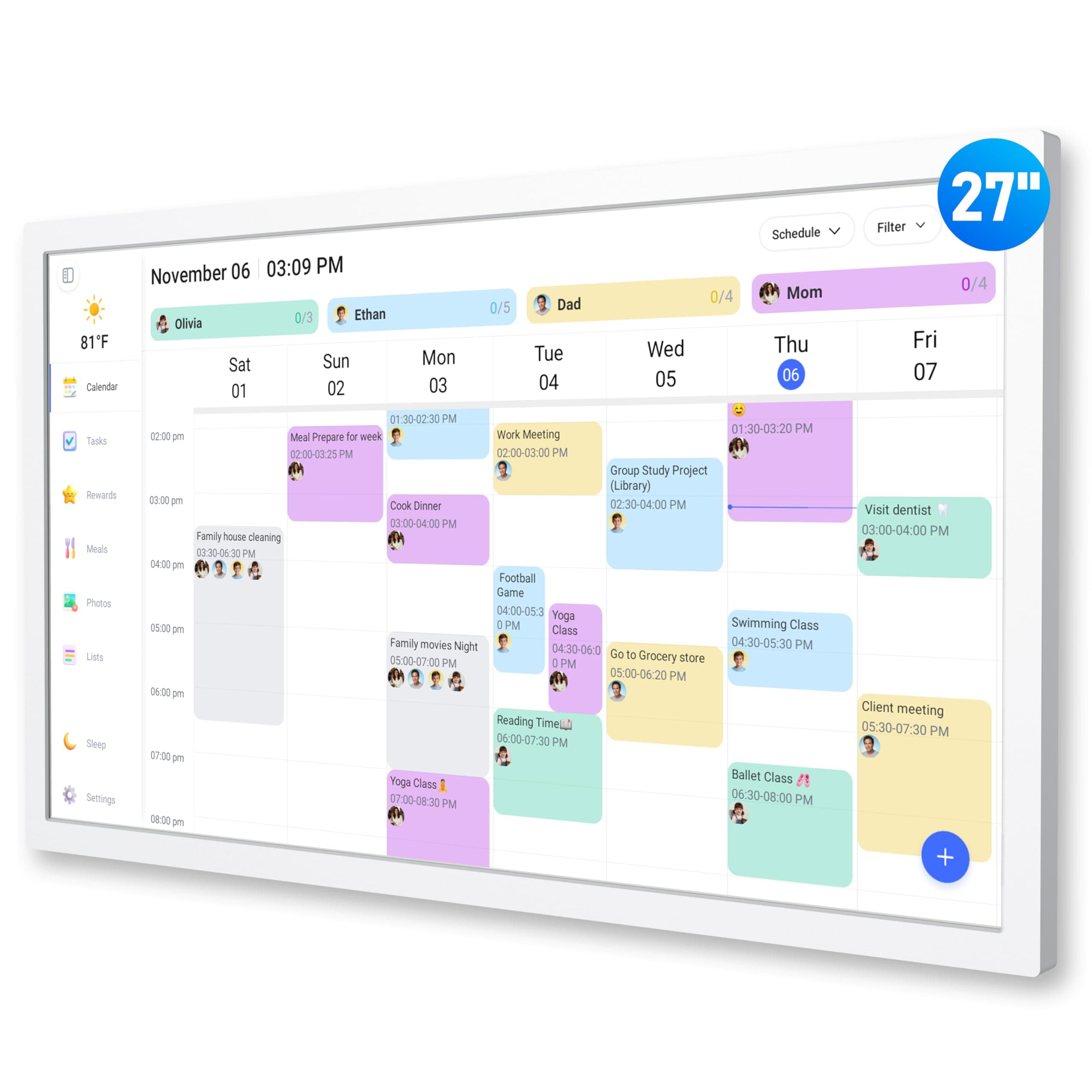 flyEVfish Digital Calendar 27" - Calendario electrónico de pared y chore chart interactivo JT270M-H01