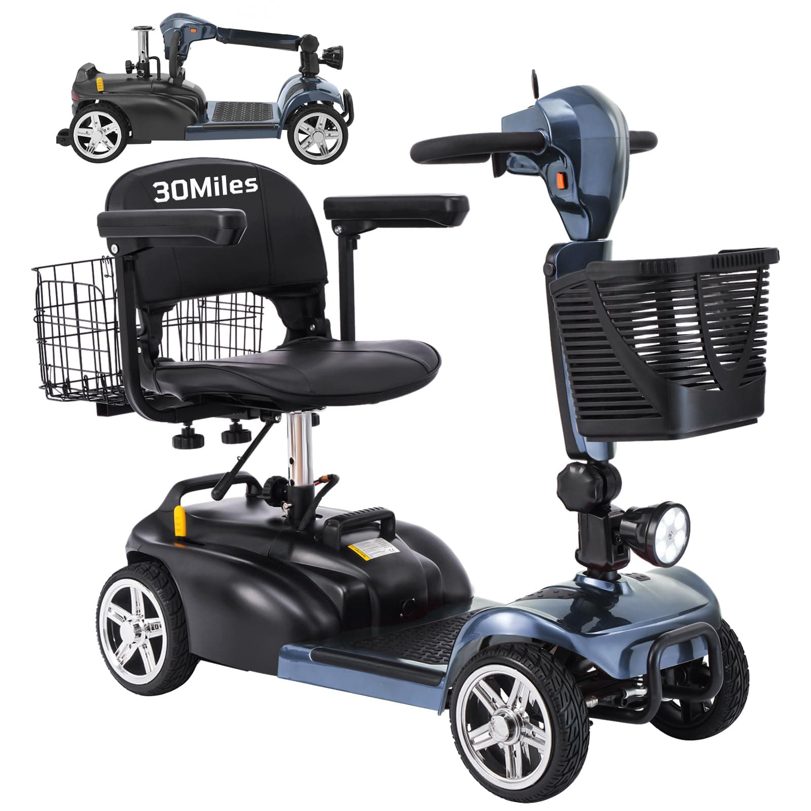 Ecomobi Scooter de movilidad 4 ruedas 15-30 Miles para adultos/mayores, 350W, ruedas 8/9″, batería removible, 2 cestas, luces traseras, compacto MS02 Gray