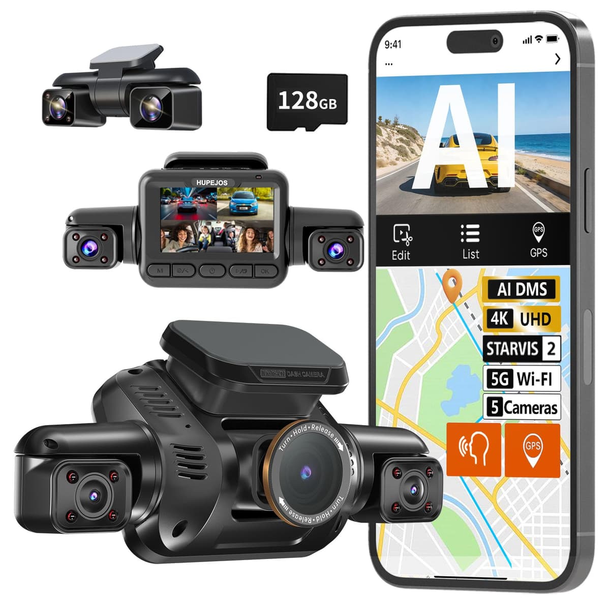 HUPEJOS 5 Channel AI Dash Cam V8 Ultra - 360° con DMS, STARVIS 2, 128GB, WiFi, GPS, Noche, Parking 24/7