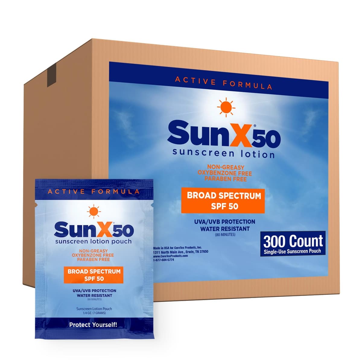 CoreTex Sun X 50 FPS Protector Solar de Amplio Espectro en Sobres - Paquete a Granel de 300 Libre de Parabenos, Oxybenzone, Octinoxato y Aceite - Sin Residuo Blanco y Resistente al Agua Hasta 80 Minutos 61433