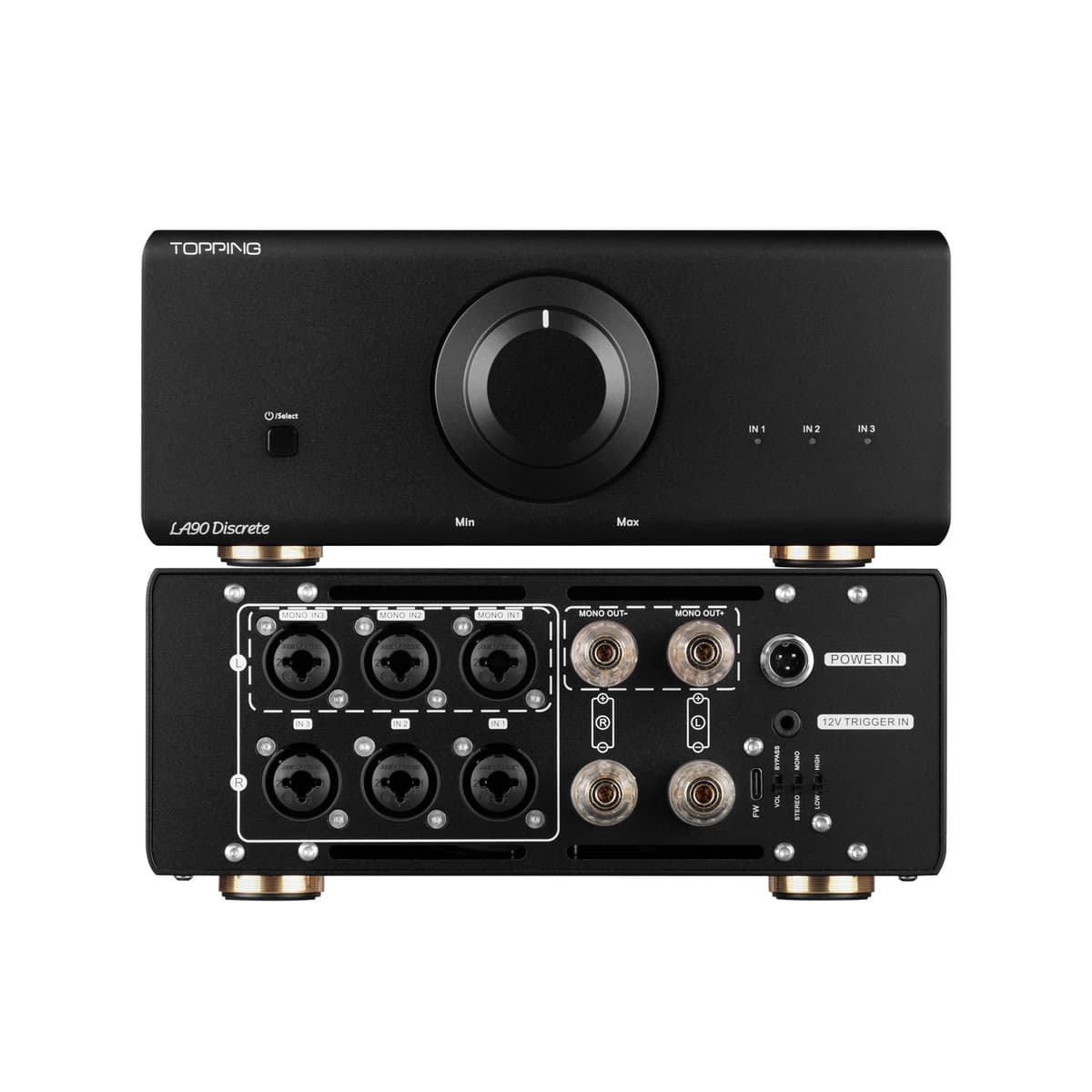 KGUSS Topping LA90 Amplificador de Potencia Discreto NFCA 120W x2 Alta Potencia, 3 Entradas XLR/TRS, Modo Estéreo/Mono Seleccionable, Modo VOL/Bypass, Usado con D90SE A90 Pre90 Discreto TOPPING LA90 Discrete - Schwarz