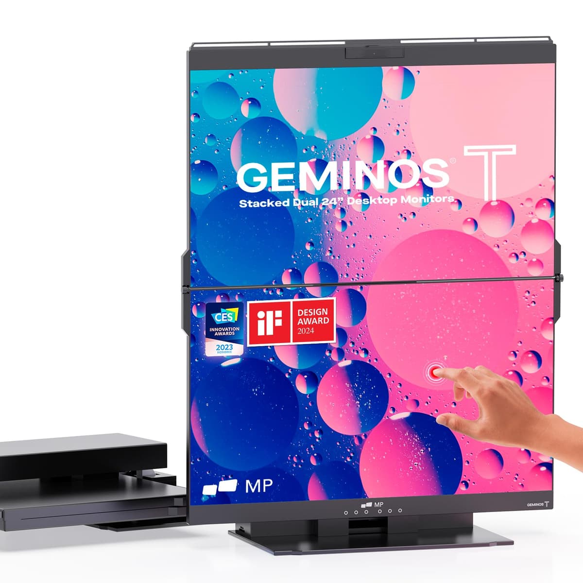 Duex Mobile Pixels 2026 Geminos-T Dual 24" Monitores apilados para computadora con cámara web 1080P y parlantes, monitor vertical de escritorio, Plug and Play, HDMI/USB-A/USB-C (Pantalla táctil) Geminos T (Touch screen)