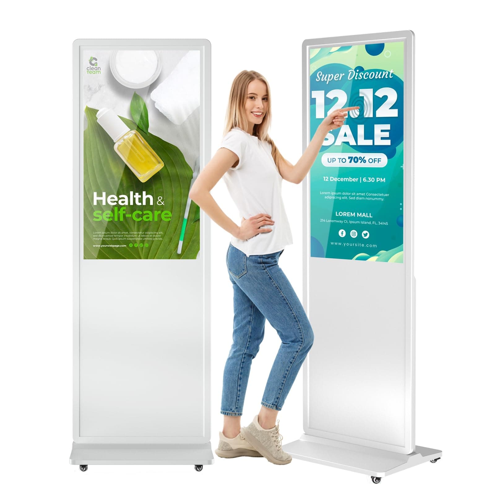 QIXZOCV MWE 37" Touchscreen Kiosk Floor Standing Android, Interactive Poster - Blanco QIXZOCV-43TW