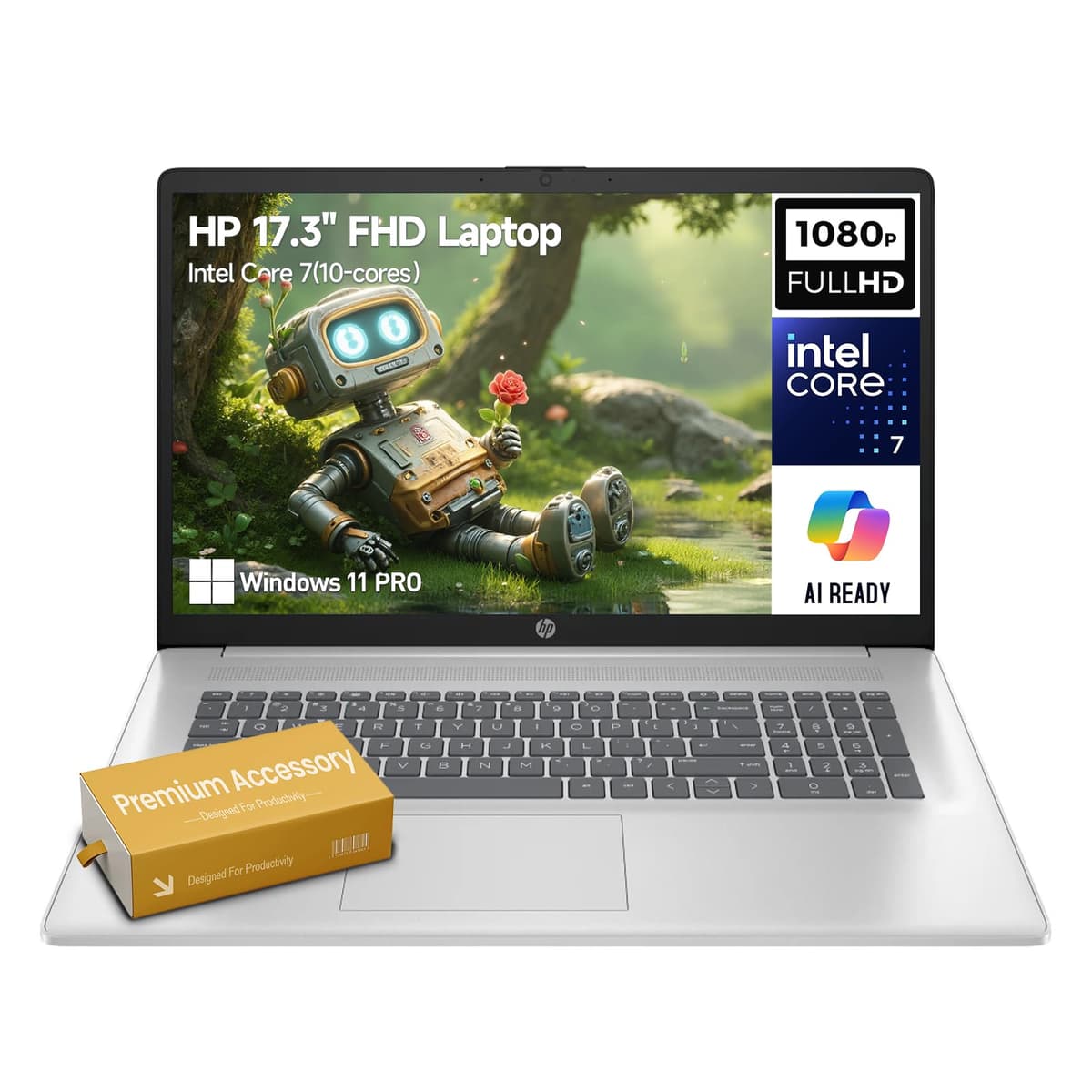 HP Laptop de 17.3" L017, Pantalla FHD IPS, Notebook empresarial, Intel Core 7 (mejor que i7-1355U de 13ª gen, 10 núcleos), Windows 11 Pro, Teclado numérico, Wi-Fi 6, USB-C, Plateado, 32 GB RAM, 1 TB SSD 150U