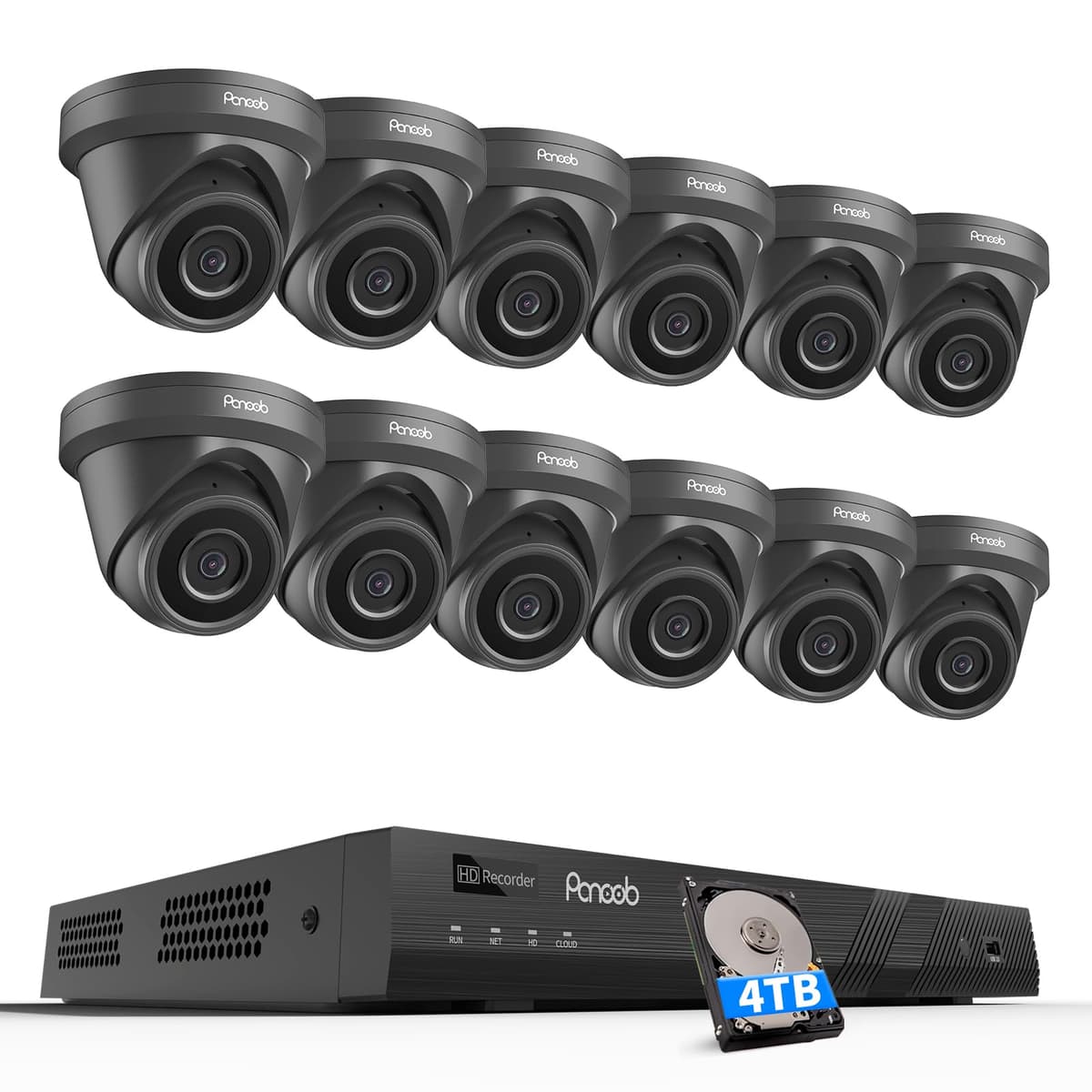 PANOOB Sistema de Cámaras de Seguridad de 16 Canales, 12× Cámaras IP Domos/Torreta Cableadas de 5MP con PoE para Exterior, Detección Humana por IA, Micrófono Integrado, Acceso Remoto, NVR de 16 Canales 4K con HDD de 4TB para Grabación 24/7, PD93A31216-5M