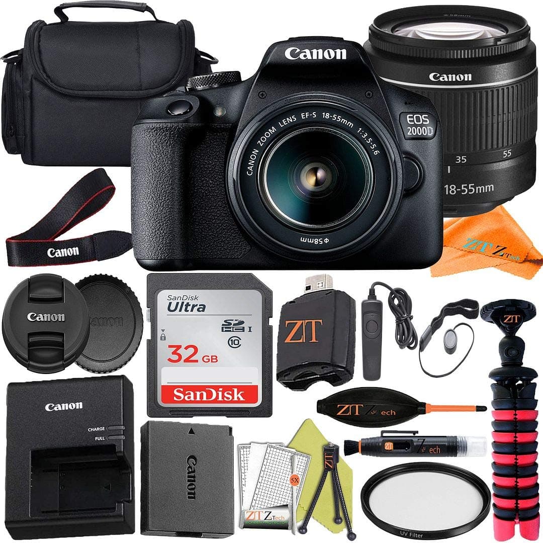 Cámara réflex digital Canon EOS 2000D (Rebel T7) 24.1MP con lente 18-55mm + paquete de accesorios ZeeTech, tarjeta SanDisk 32GB, estuche y trípode. (Reacondicionada) MDCN2000DKIT2-cr