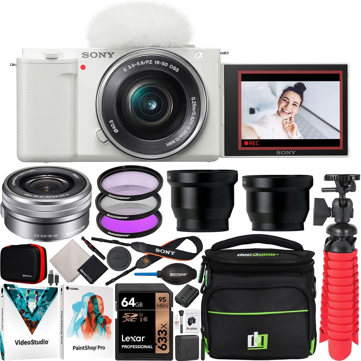 Sony ZV-E10 + 16-50mm Kit (Blanco) con funda Deco Gear y accesorios E4SNILCZVE10LW