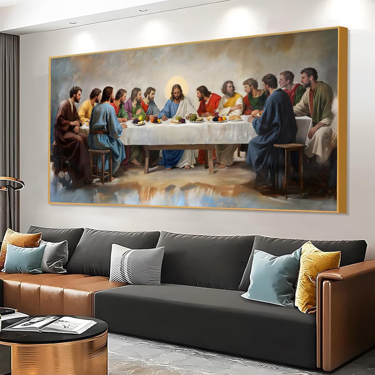 fouholk The Last Supper Canvas Wall Art - Last Supper, blanco y dorado (Gold Framed 2, 71L" x 35W") The734992